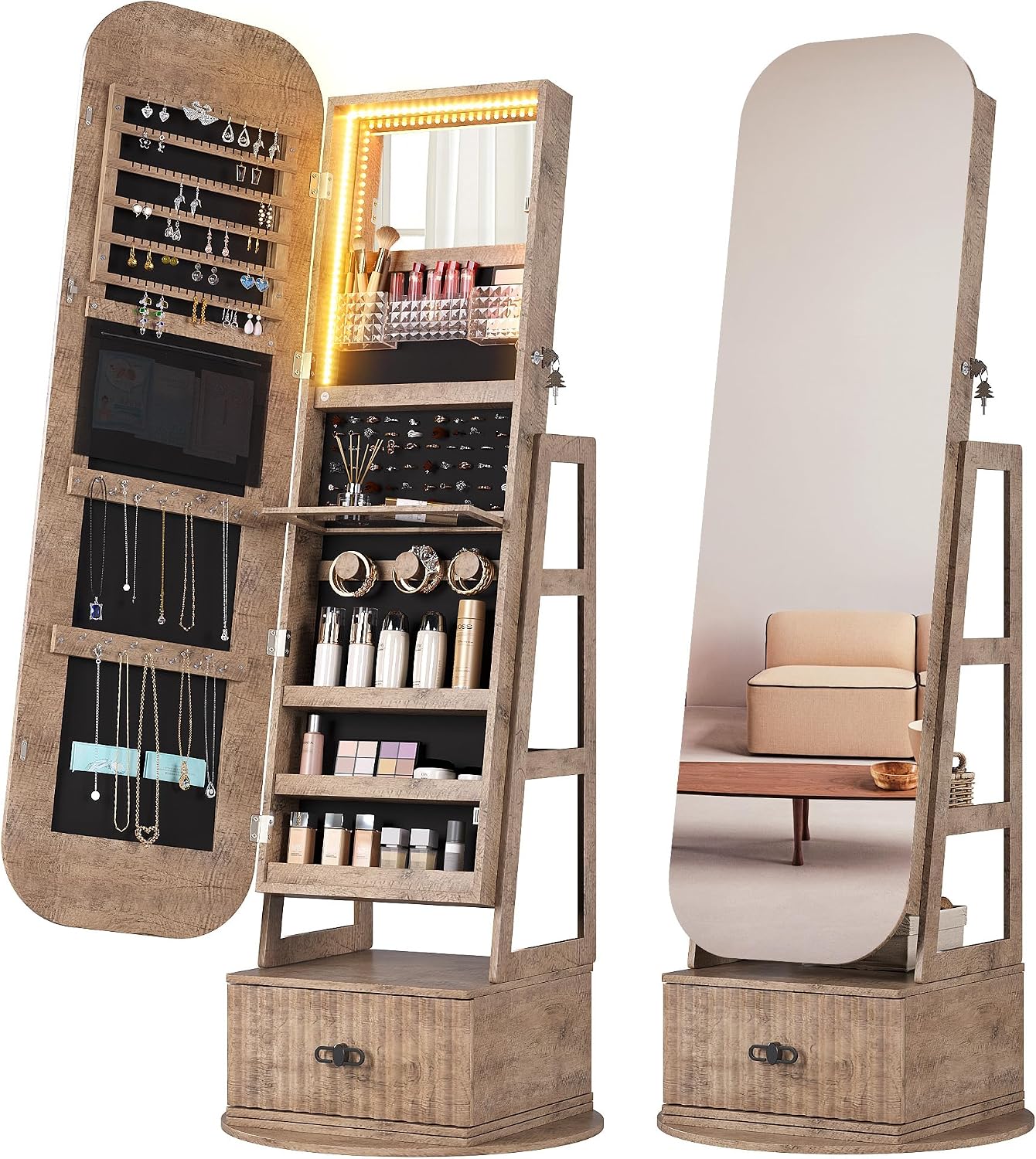 Full Length Mirror Jewelry Armoire - 360 Swivel Jewelry Armoire Organizers Full