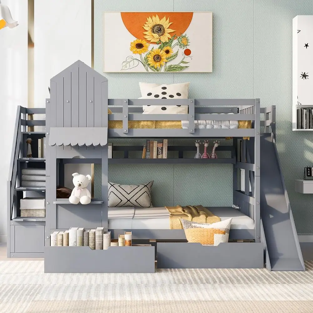 Bunk Bed With Stairs And Slide - Full-Size Over Full Bunk Bed with