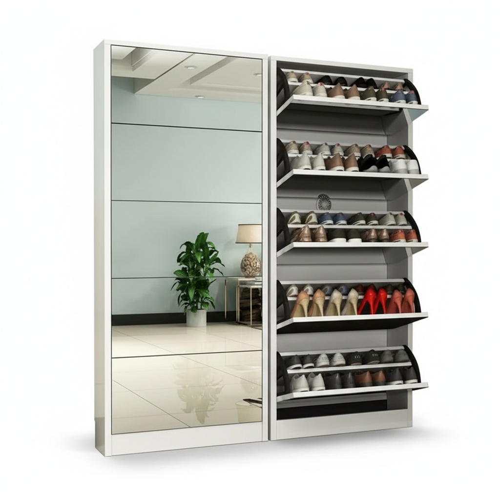 Shoe Rack Cabinet Narrow Entryway - Modern Wooden Shoe Cabinet with Mirror