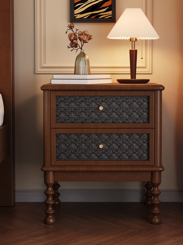 Solid Wood Nightstand 2 Drawers - Vintage Nightstands Printed Glass Solid Wood