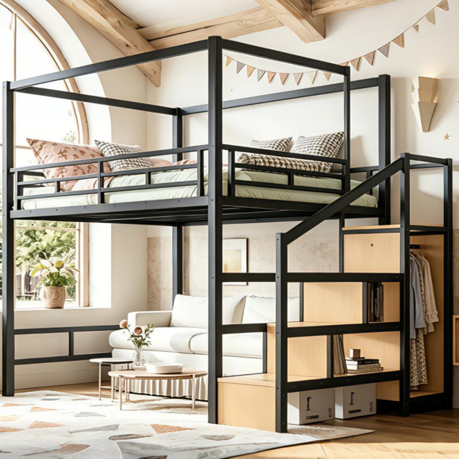 Canopy Bed Frame Metal Queen - Queen Loft Bed with Storage Stairs