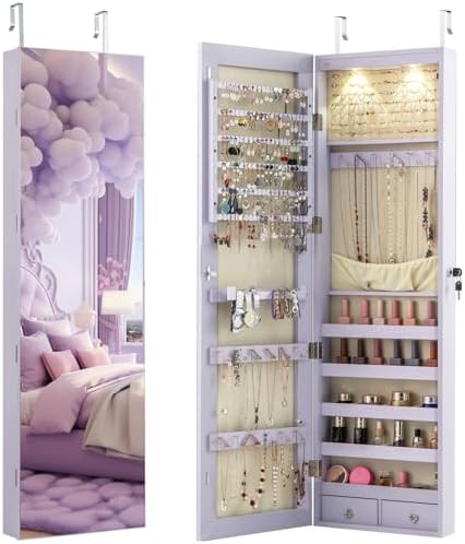 Full Length Mirror Jewelry Armoire - Wall or Door Mounted Jewelry Armoire