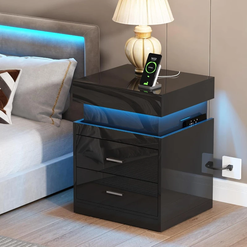 Solid Wood Nightstand 2 Drawers - LED Nightstand With Charging Station Smart