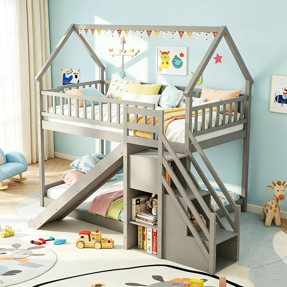 Twin Over Twin Bunk Bed with S - đánh giá và giá Bunk Bed With Stairs And Slide