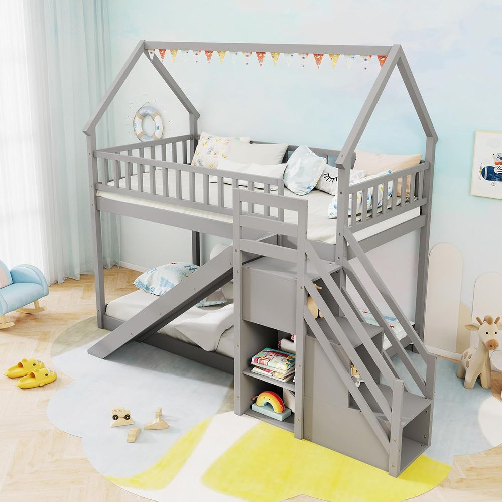 Twin Over Twin Bunk Bed with S - đánh giá và giá Bunk Bed With Stairs And Slide