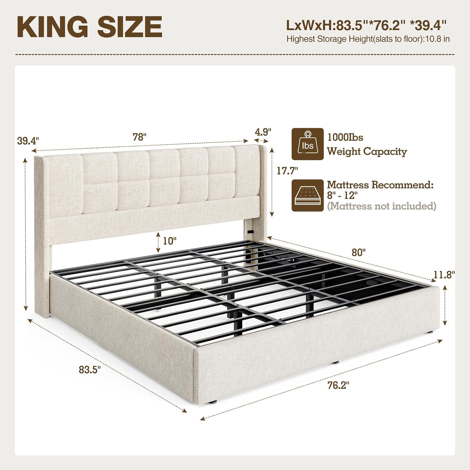 Linen Upholstered King Bed Fra - đánh giá và giá Gas Lift Storage Bed Hydraulic