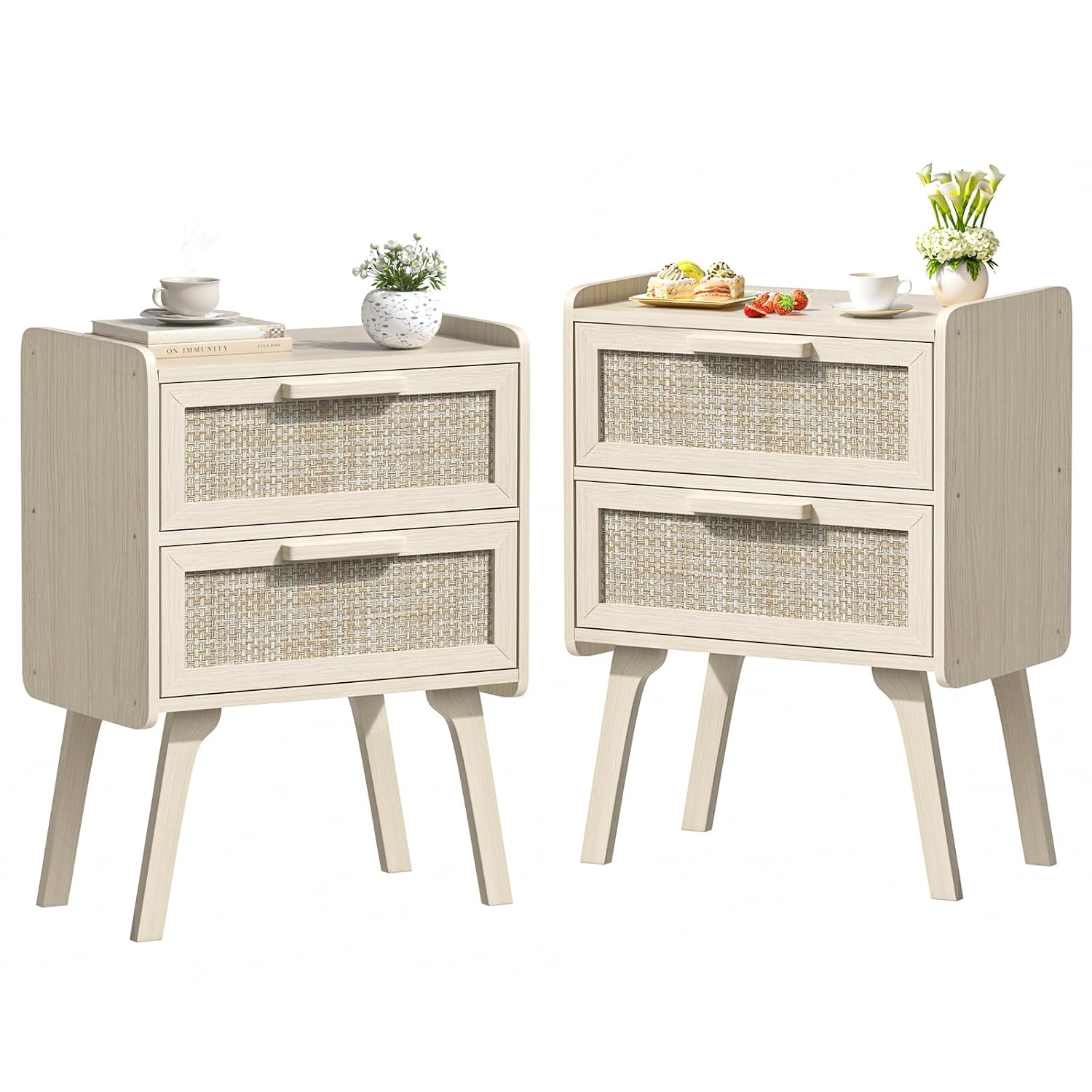Rattan Nightstand Set of 2, 2  - đánh giá và giá Solid Wood Nightstand 2 Drawers