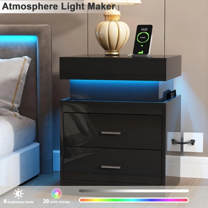 LED Nightstand With Charging S - đánh giá và giá Solid Wood Nightstand 2 Drawers