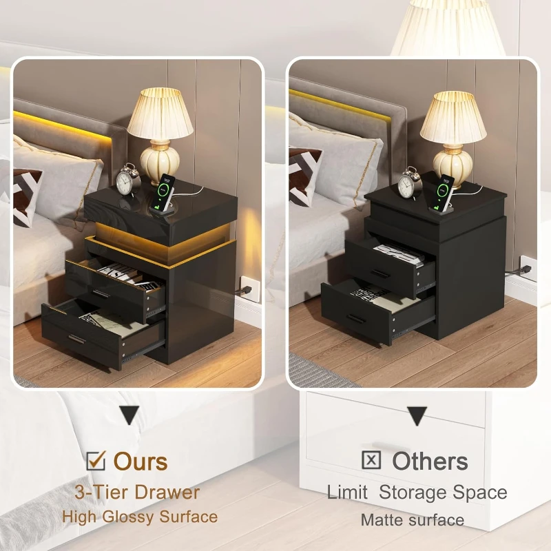 LED Nightstand With Charging S - đánh giá và giá Solid Wood Nightstand 2 Drawers
