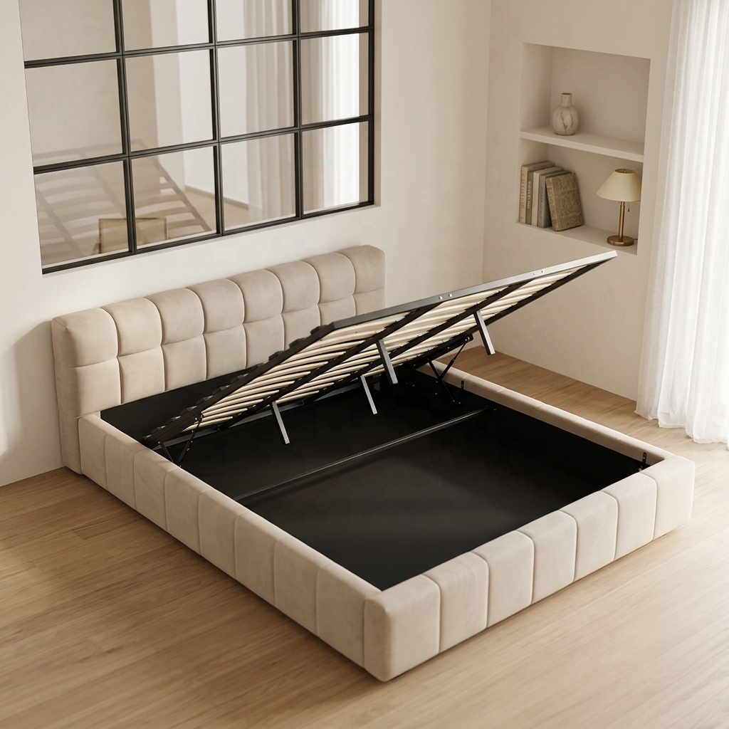 ^ Modern Tufted Soft Bed with  - đánh giá và giá Gas Lift Storage Bed Hydraulic